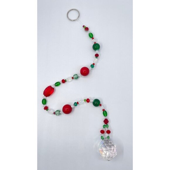 Beaded Christmas Suncatcher Red Green Clear Crystal Prism Hanging Patio Decor - Picture 2 of 10